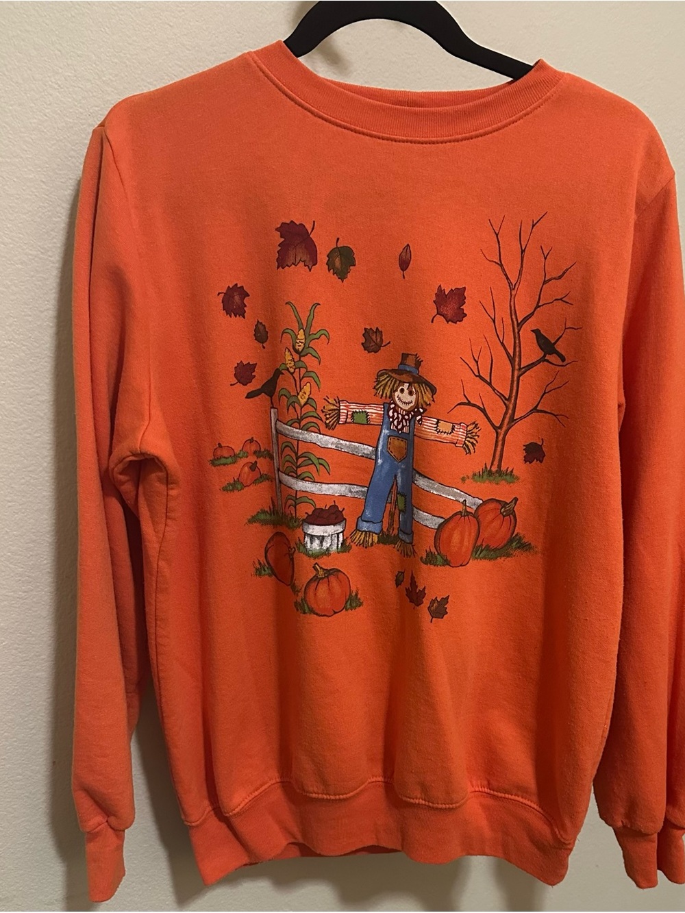 Blair Orange Crewneck Sweater with Scarecrow & Pumpkin Graphic